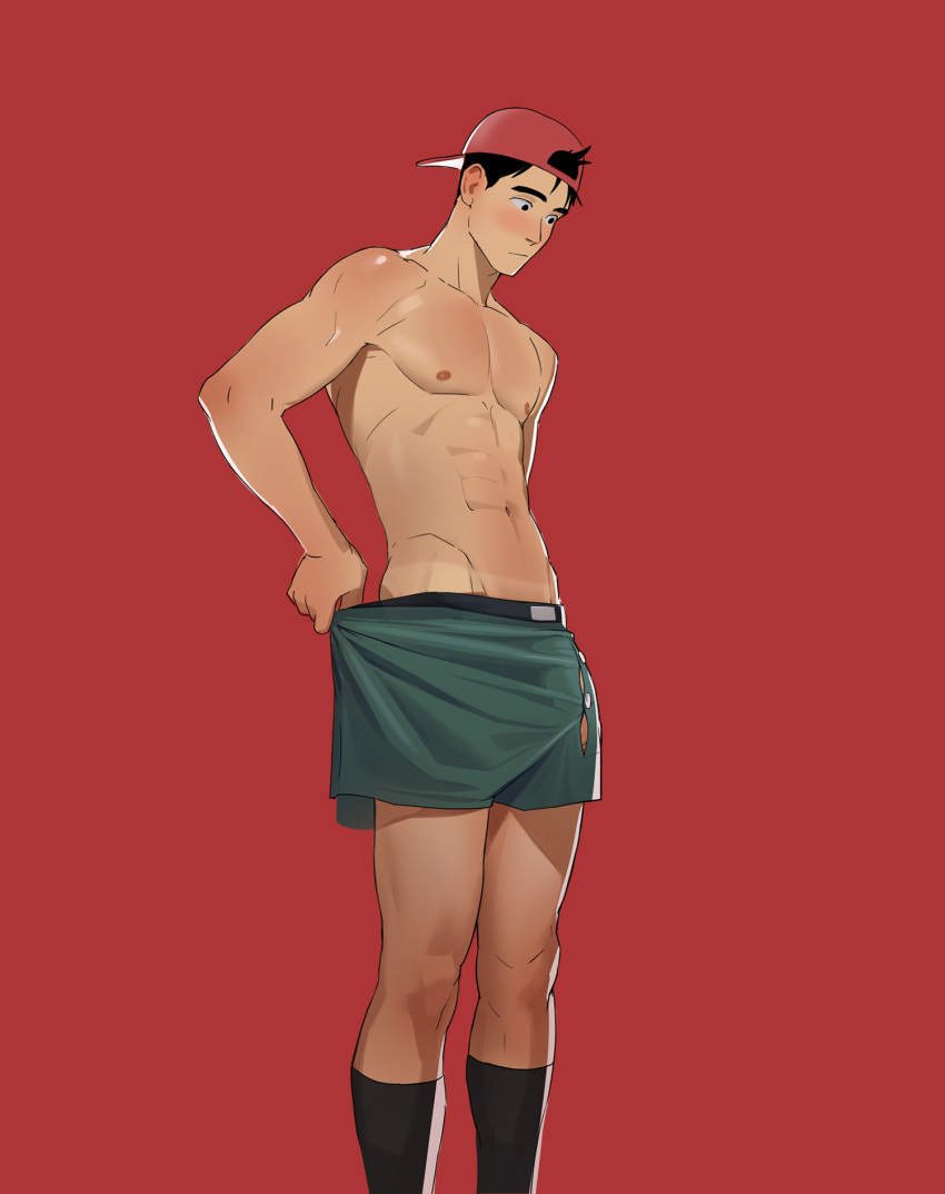 1boy abs backwards_hat bara baseball_cap black_eyes black_hair black_socks bulge closed_mouth clothes_pull cowboy_shot green_male_underwear hat highres looking_down male_focus male_underwear male_underwear_pull naoki_(xhju8282) navel nipples original penis penis_peek pulled_by_self raised_eyebrows red_background short_hair socks solo tan tanlines topless_male underwear underwear_only