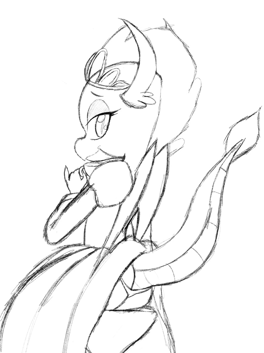 2019 anthro beverage butt clothing container crown cup dragon dress eyelashes female food friendship_is_magic hasbro headgear hi_res jewelry line_art looking_at_viewer looking_back looking_back_at_viewer monochrome my_little_pony panties princess royalty scalie shinkaku sketch smolder_(mlp) solo suggestive tail tea tea_cup tiara traditional_media_(artwork) underwear wings