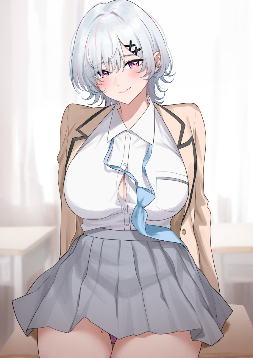 1girl absurdres blue_necktie blush breasts brown_cardigan cardigan collared_shirt grey_hair grey_skirt hair_ornament highres large_breasts looking_at_viewer loose_necktie multicolored_hair necktie nonbire open_cardigan open_clothes original panties panty_peek pink_hair pleated_skirt purple_eyes purple_panties shirt short_hair skirt smile solo streaked_hair underwear upper_body white_shirt x_hair_ornament