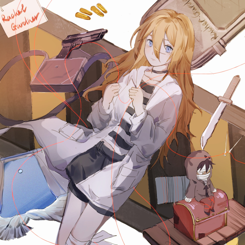 1girl bag bandage_on_knee black_choker black_shirt black_shorts blue_eyes bullet character_doll character_name choker closed_mouth coat commentary_request expressionless gun hair_between_eyes handbag handgun highres isaac_foster knife long_sleeves looking_at_viewer needle orange_hair rachel_gardner reset satsuriku_no_tenshi sewing_needle shirt shorts solo string string_of_fate striped striped_shirt weapon white_coat white_shirt