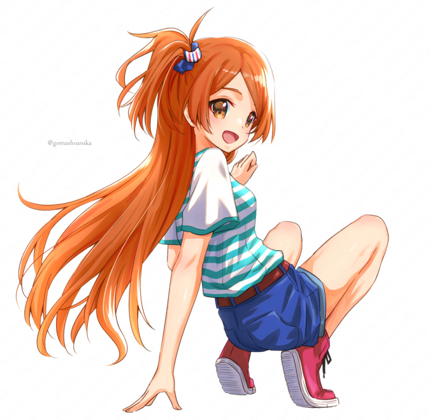 1girl arm_support blush breasts denim denim_shorts full_body gomasho_asuka idolmaster idolmaster_million_live! long_hair looking_at_viewer looking_back ogami_tamaki one_side_up orange_hair shirt shorts simple_background small_breasts smile solo striped striped_shirt tiptoes very_long_hair white_background