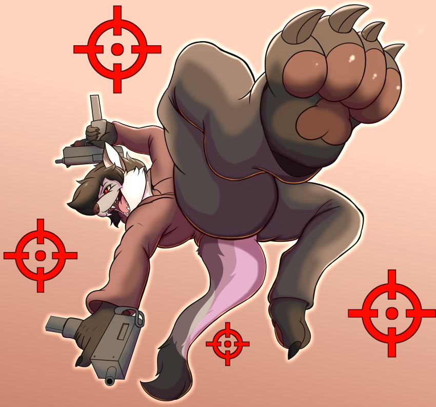 absurd_res anthro black_hair brown_body brown_fur canid canine claws clothed clothing fur gun hair happy hi_res mammal paws ranged_weapon red_eyes simple_background smile solo tail teeth thony_dog weapon