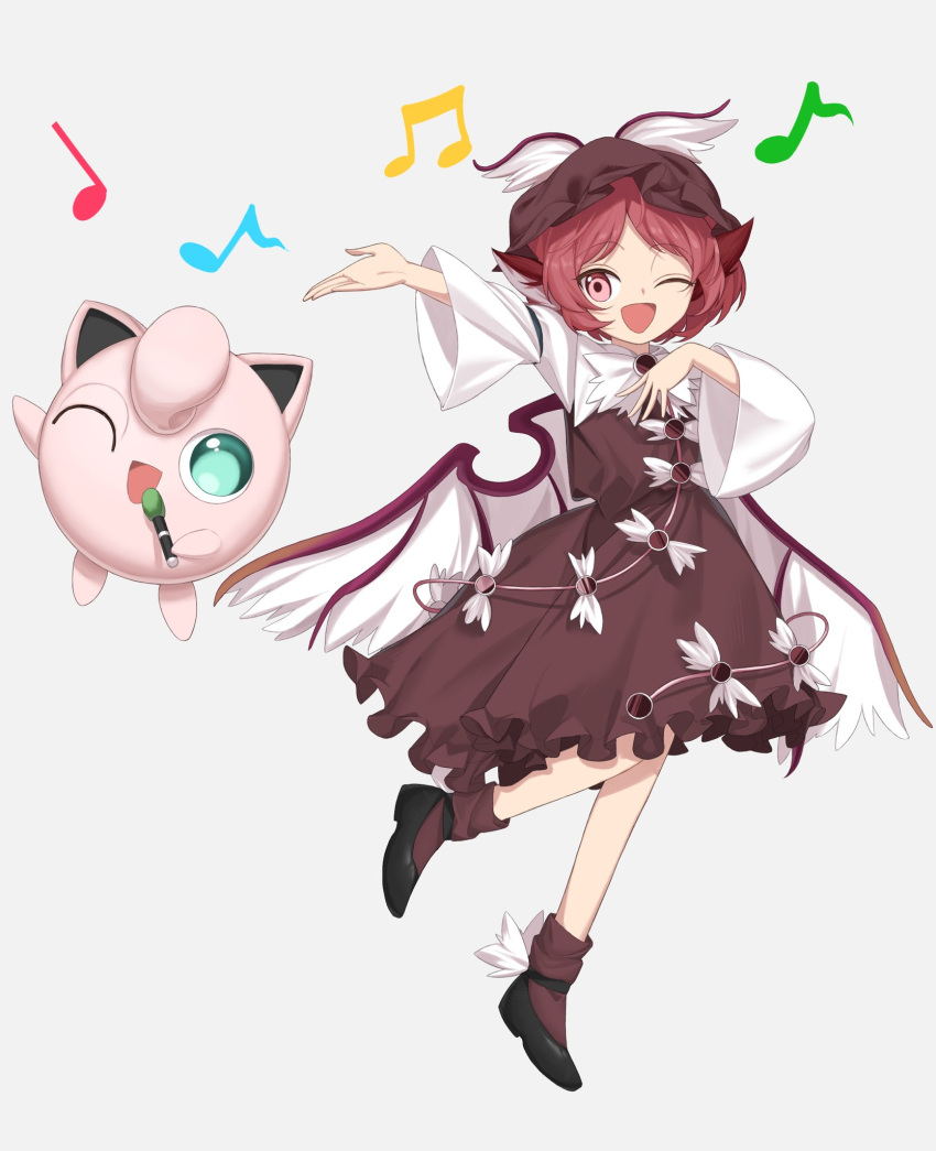 1girl animal_ears beamed_eighth_notes bird_ears bird_wings black_footwear blush brown_dress brown_headwear brown_socks crossover dress eighth_note full_body hat highres holding holding_microphone jigglypuff keiki8296 long_sleeves microphone musical_note mystia_lorelei one_eye_closed open_mouth pink_eyes pink_hair pokemon pokemon_(creature) quarter_note shoes short_hair simple_background sleeve_garter smile socks touhou white_background white_wings wide_sleeves winged_footwear winged_hat wings