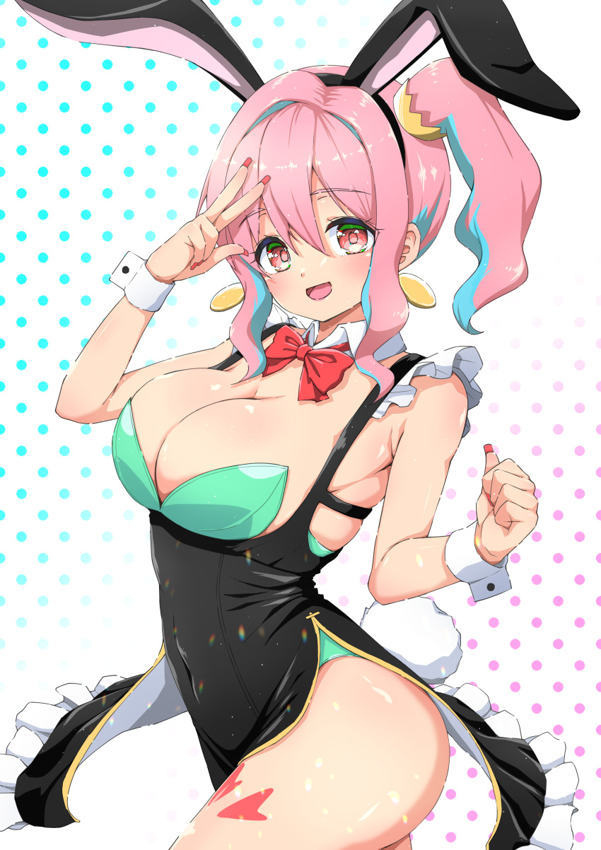 1girl absurdres animal_ears aqua_leotard black_dress breasts commentary covered_navel cowboy_shot detached_collar dress earrings fake_animal_ears frills gradient_background hair_between_eyes hair_intakes highres hozuki_kaede isakoro_(hx9cj) jewelry large_breasts leotard leotard_under_clothes looking_at_viewer multicolored_hair onii-chan_wa_oshimai! open_mouth pink_hair playboy_bunny polka_dot polka_dot_background rabbit_ears rabbit_tail side_ponytail sleeveless sleeveless_dress smile solo strapless strapless_leotard tail thighs two-tone_hair w white_background wrist_cuffs