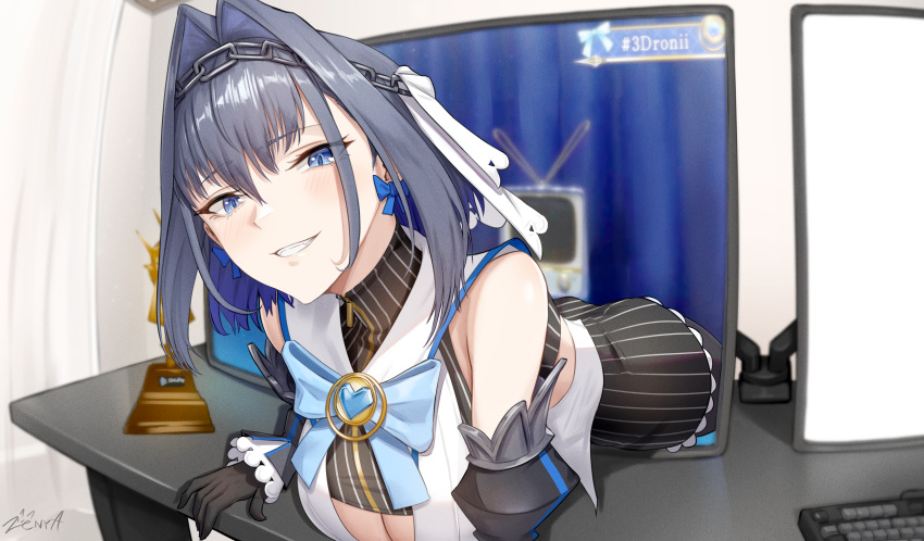 1girl absurdres black_gloves blue_eyes blue_hair bow bow_earrings breasts cleavage desk earrings gloves grin hair_intakes highres hololive hololive_english jewelry keyboard_(computer) large_breasts looking_at_viewer monitor ouro_kronii smile solo teeth trophy virtual_youtuber white_veil zenya