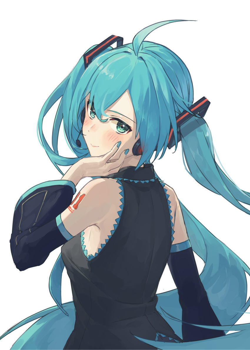 1girl absurdres ahoge bare_shoulders black_shirt black_sleeves blue_hair blue_nails blush closed_mouth commentary_request detached_sleeves from_behind green_eyes hair_between_eyes hand_on_own_cheek hand_on_own_face hand_up hatsune_miku headset highres long_sleeves looking_at_viewer looking_back nail_polish shirt shochiku simple_background sleeveless sleeveless_shirt smile solo twintails upper_body vocaloid white_background wide_sleeves