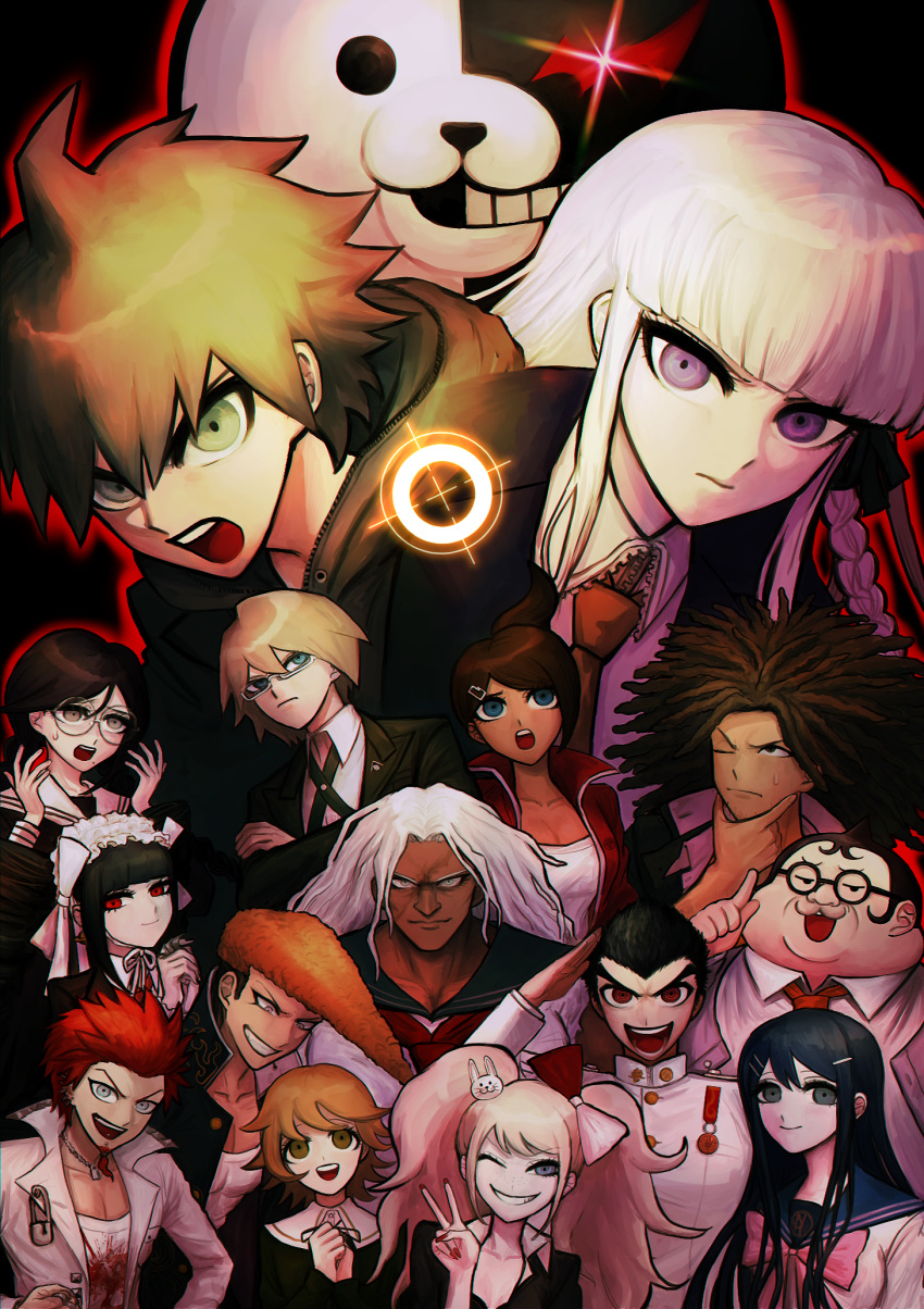 6+boys 6+girls :d :o ahoge asahina_aoi black_hair black_jacket black_ribbon black_sailor_collar blunt_bangs bow bowtie braid breasts brown_hair brown_necktie celestia_ludenberg collarbone collared_shirt cosplay crossed_arms danganronpa:_trigger_happy_havoc danganronpa_(series) dark-skinned_female dark_skin dreadlocks drill_hair earrings enoshima_junko enoshima_junko_(cosplay) everyone facial_hair fat fat_man frown fujisaki_chihiro fukawa_touko glasses goatee green_hoodie grey_hair grin hagakure_yasuhiro hair_bow hair_ornament hair_ribbon hairclip hands_up hayate0622 highres hood hood_down hoodie ikusaba_mukuro ishimaru_kiyotaka jacket jewelry kirigiri_kyouko kuwata_leon large_breasts long_hair looking_at_viewer maizono_sayaka monokuma multicolored_hair multiple_boys multiple_girls naegi_makoto necklace necktie one_eye_closed oogami_sakura oowada_mondo open_clothes open_jacket pink_bow pink_bowtie pink_eyes pompadour rabbit_hair_ornament red_bow red_eyes red_hair red_jacket ribbon round_eyewear sailor_collar salute shirt short_hair side_braid smile teeth togami_byakuya twin_drills twintails two-tone_hair upper_teeth_only v white-framed_eyewear white_bow white_gakuran white_hair white_sailor_collar white_shirt yamada_hifumi