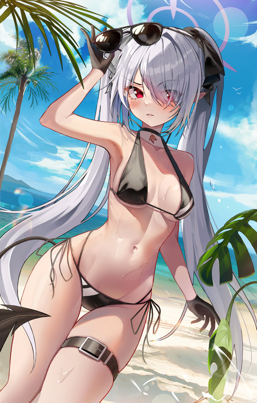 1girl absurdres adjusting_eyewear alpha_beast bare_shoulders beach bikini black_bikini black_gloves black_ribbon blue_archive blush breasts collarbone dark-skinned_female dark_skin demon_tail dutch_angle eyewear_on_head feet_out_of_frame gloves groin hair_over_one_eye hair_ribbon halo highres iori_(blue_archive) iori_(swimsuit)_(blue_archive) long_hair looking_at_viewer navel outdoors parted_lips pointy_ears raised_eyebrow red_eyes ribbon side-tie_bikini_bottom small_breasts solo sunglasses swimsuit tail thigh_strap twintails very_long_hair
