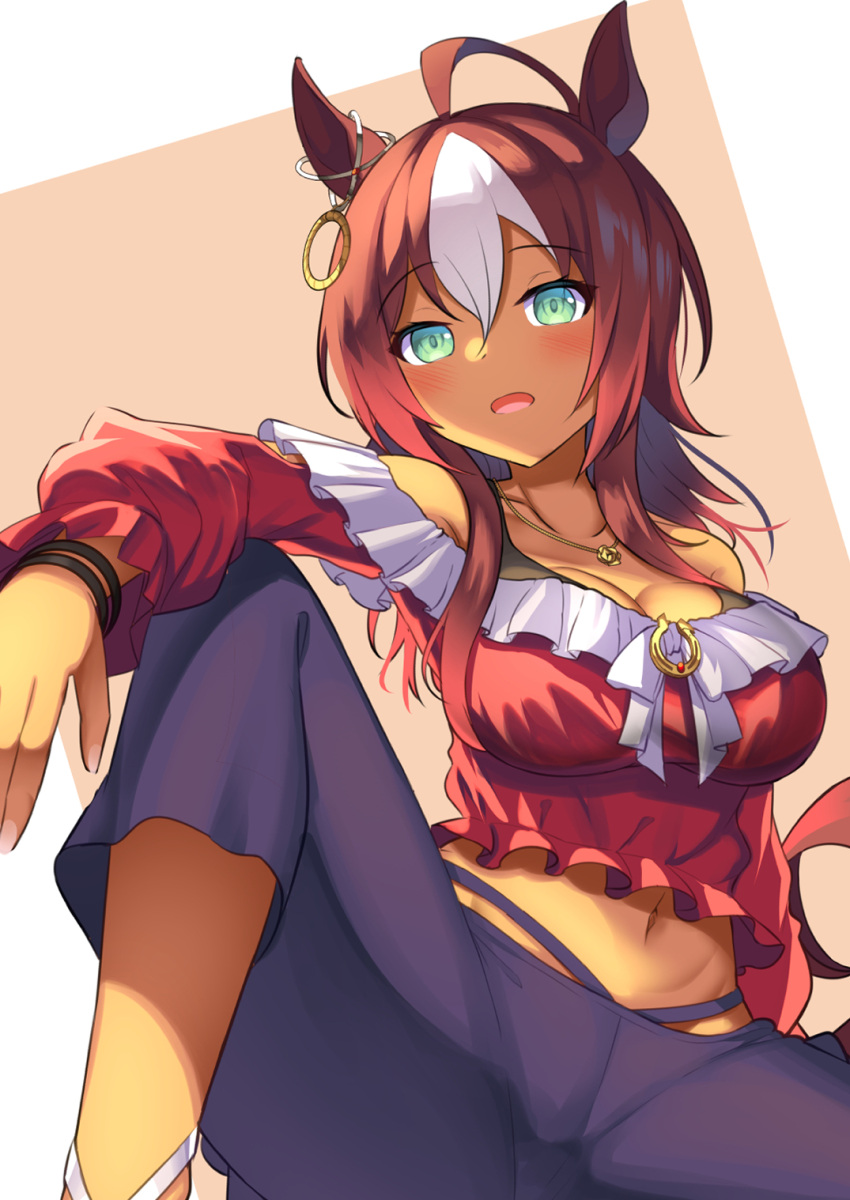 1girl ahoge animal_ears aqua_eyes bare_shoulders blush breasts cleavage dark-skinned_female dark_skin darley_arabian_(umamusume) ear_ornament frilled_shirt frills hair_between_eyes highres horse_ears horse_girl large_breasts long_hair long_sleeves looking_at_viewer midriff multicolored_hair navel open_mouth red_hair red_shirt shirt solo spread_legs streaked_hair umamusume white_hair yuutopia