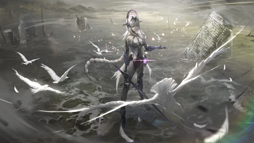 1girl absurdres asymmetrical_legwear bianca:_abystigma_(punishing:_gray_raven) bianca_(punishing:_gray_raven) bird black_bodysuit bodysuit braid breasts cleavage_cutout clothing_cutout cloud cloudy_sky feathers full_body headgear highres holding holding_sword holding_weapon joints lantern large_breasts light_particles long_hair mechanical_arms mechanical_legs mole mole_under_eye mountainous_horizon non-humanoid_robot official_art official_wallpaper punishing:_gray_raven purple_eyes robot robot_joints ruins single_braid sky solo standing sword very_long_hair weapon white_bird white_hair xiao_feng