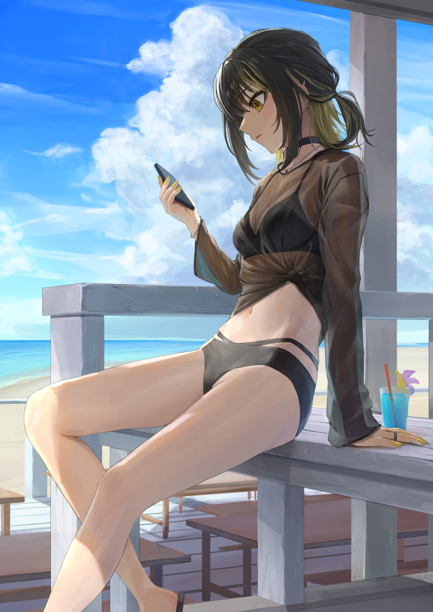 1girl absurdres ano_(gccx8784) arm_support barbell_piercing beach bikini bikini_under_clothes black_bikini black_choker black_hair blonde_hair cellphone choker cloud commentary_request day drinking_straw ear_piercing earrings from_side glass highres holding holding_phone idolmaster idolmaster_shiny_colors ikaruga_luca jewelry long_sleeves looking_at_phone medium_hair multicolored_hair nail_polish outdoors phone piercing profile see-through see-through_shirt shirt short_ponytail sitting smartphone solo swimsuit table tied_shirt two-tone_hair water wooden_floor wooden_table yellow_eyes