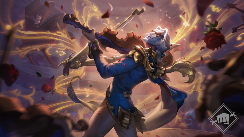 1boy blue_bow blue_jacket bow bow_(music) cowboy_shot crowd explosion facing_up flower from_side grey_pants gun hair_bow highres holding holding_gun holding_instrument holding_weapon instrument jacket jhin league_of_legends long_sleeves maestro_jhin mask official_art pants piano red_flower red_rose rose solo_focus violin weapon white_hair