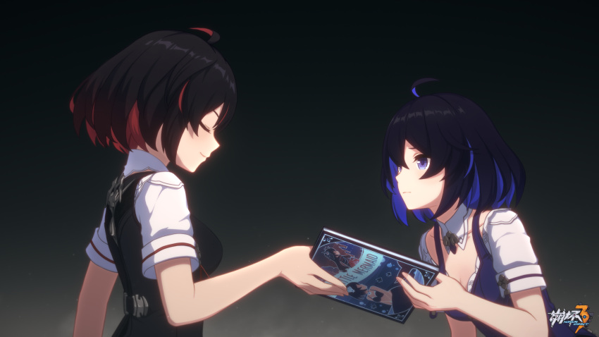 2girls absurdres black_hair blue_eyes blue_hair book breasts chinese_commentary closed_eyes closed_mouth colored_inner_hair dual_persona furrowed_brow highres holding holding_book honkai_(series) honkai_impact_3rd logo looking_at_another multicolored_hair multiple_girls official_alternate_costume official_art official_wallpaper red_hair seele_(alter_ego) seele_vollerei seele_vollerei_(swallowtail_phantasm) simple_background small_breasts smile standing the_little_mermaid upper_body white_sleeves