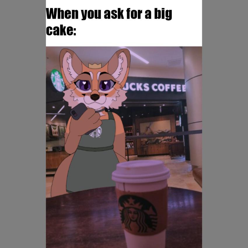 apron apron_only canid canine clothing fg8235 first_person_view fox looking_at_viewer male mammal meme mostly_nude phone solo starbucks thick_thighs