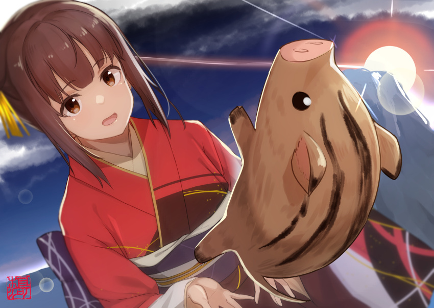 1girl :d black_eyes boar brown_eyes brown_hair cloud goemon1110 highres japanese_clothes kimono lens_flare light_rays looking_at_viewer medium_hair mountain outdoors red_kimono smile standing sunrise