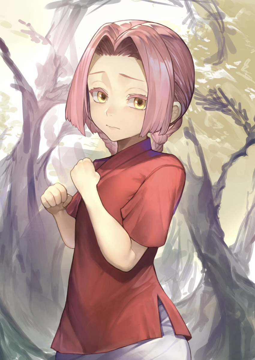 1girl clenched_hands forest highres jigokuraku looking_at_viewer mei_(jigokuraku) mugicha_(pixiv_32045867) nature pink_hair red_robe robe short_hair solo yellow_eyes