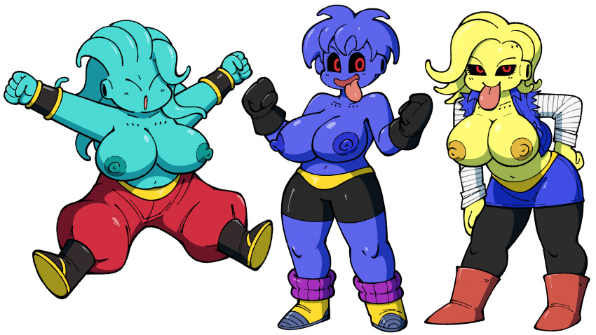 alien alien_humanoid alternate_species android_18 areola big_breasts black_bottomwear black_clothing black_footwear black_legwear black_sclera black_shoes black_shorts black_tights blonde_hair blue_areola blue_body blue_bottomwear blue_clothing blue_hair blue_nipples blue_skirt blue_topwear bottomwear bracelet breasts bulma clothed clothing dragon_ball eyelashes eyes_closed female footwear group hair hand_on_hip hi_res huge_breasts humanoid jewelry legwear looking_at_viewer majin navel nipples open_mouth open_smile orange_areola orange_nipples pants red_bottomwear red_clothing red_eyes red_footwear red_pants red_shoes shoes shorts simple_background skirt smile stealth-brock thick_thighs tights tongue tongue_out topless topwear trio videl white_background white_clothing white_topwear wide_hips yellow_body yellow_clothing yellow_footwear yellow_shoes