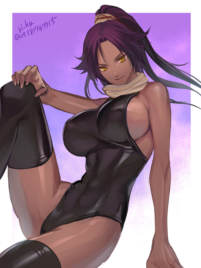 1girl absurdres bare_shoulders bleach border breasts cameltoe covered_nipples dark-skinned_female dark_skin from_behind hand_on_own_thigh highleg highleg_leotard highres large_breasts leotard long_hair looking_at_viewer medium_breasts ponytail purple_background purple_hair ri-ko scarf shihouin_yoruichi shiny_clothes sitting smile solo thighhighs thighs thong_leotard twitter_username white_border yellow_eyes