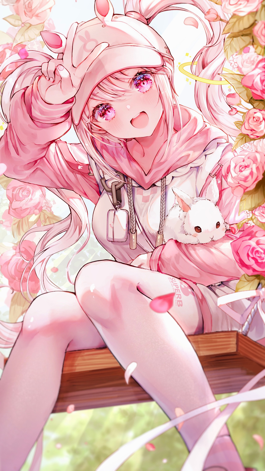 1girl absurdres alice_(nikke) alice_(sweet_home)_(nikke) animal_ears animal_hat animal_print baseball_cap breasts fake_animal_ears flower goddess_of_victory:_nikke hair_between_eyes hair_ornament hat highres hood hood_down hoodie long_hair long_sleeves looking_at_viewer medium_breasts noyu_(noyu23386566) official_alternate_costume open_mouth outdoors pants petals pink_eyes pink_flower pink_hair pink_hoodie pink_rose puffy_sleeves rabbit rabbit_hat rose shoes sidelocks sitting smile socks teeth twintails two-tone_hoodie upper_teeth_only v white_hoodie yoga_pants