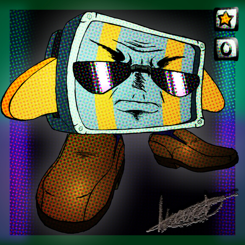 1:1 angry_expression appliance balrog_(cave_story) black_eyewear black_glasses brown_clothing brown_footwear brown_shoes cave_story chad_(meme) clothing detailed digital_drawing_(artwork) digital_media_(artwork) digital_painting_(artwork) eyebrows eyewear facial_markings footwear forehead_markings glasses green_light grey_body head_markings hi_res kitchen_appliance light_reflection machine male markings meme metallic_body neon_lights printing purple_light retro_artstyle robot serious_face shoes signature simple_background solo sunglasses thedootcapri toaster tradicional_art wrinkles yellow_body