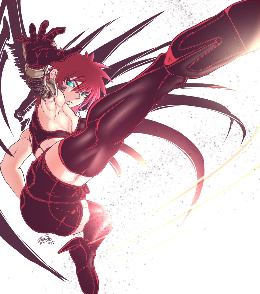 1girl abs barcode barcode_tattoo bare_shoulders blue_eyes boots breasts dated fingerless_gloves from_below gloves heart heart_tattoo high_kick highres kicking looking_at_viewer medium_breasts muscular muscular_female original red_hair shorts signature simple_background sleeveless solo tattoo thigh_boots turtleneck zettai_ryouiki zippedsquire zipper