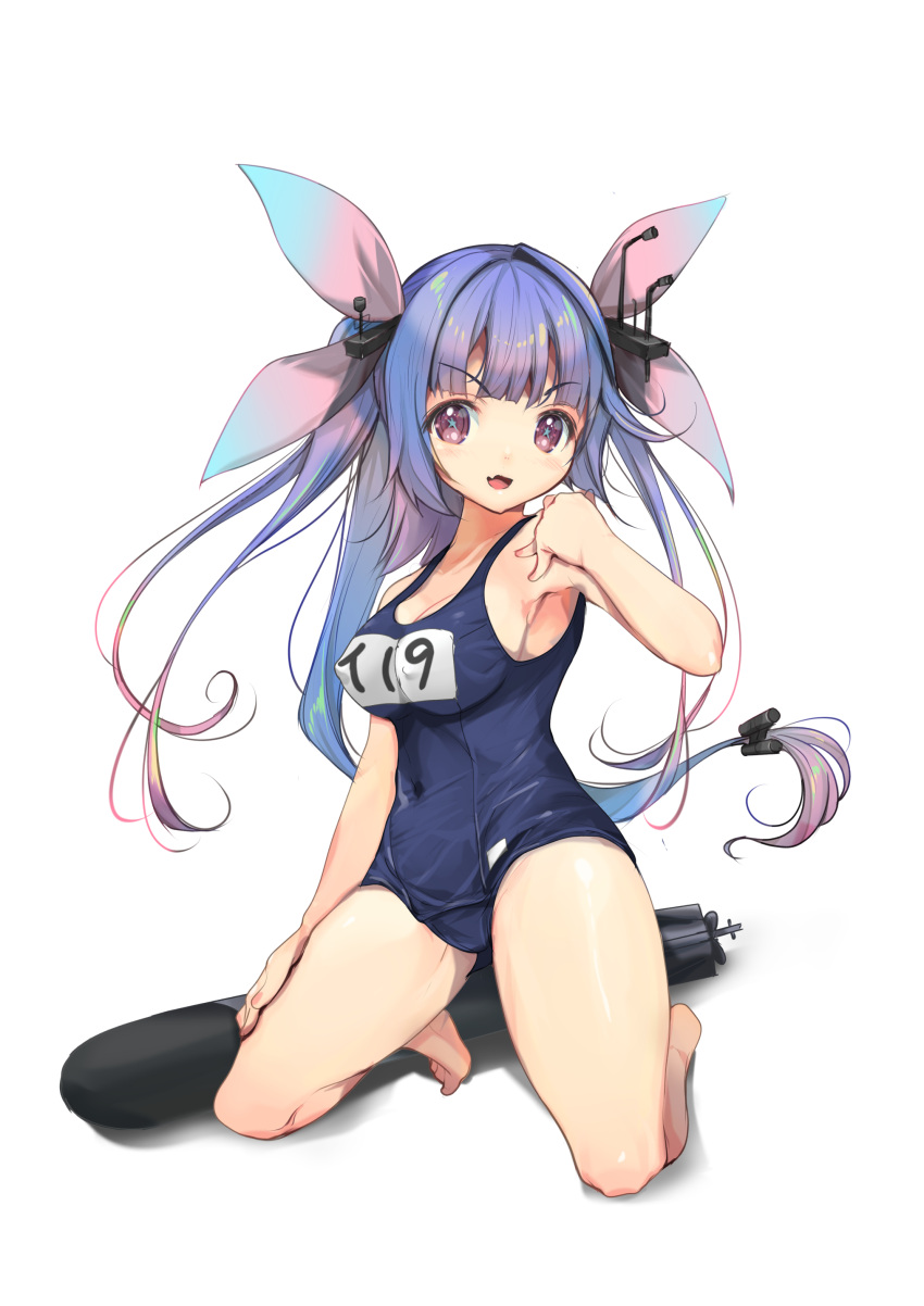 1girl :3 absurdres blue_hair blue_one-piece_swimsuit breasts fang flower-shaped_pupils hair_ribbon highres i-19_(kancolle) kantai_collection kneeling large_breasts long_hair looking_at_viewer name_tag one-piece_swimsuit open_mouth red_eyes ribbon school_swimsuit skin_fang solo swimsuit symbol-shaped_pupils torpedo tri_tails yashin_(yasinz)