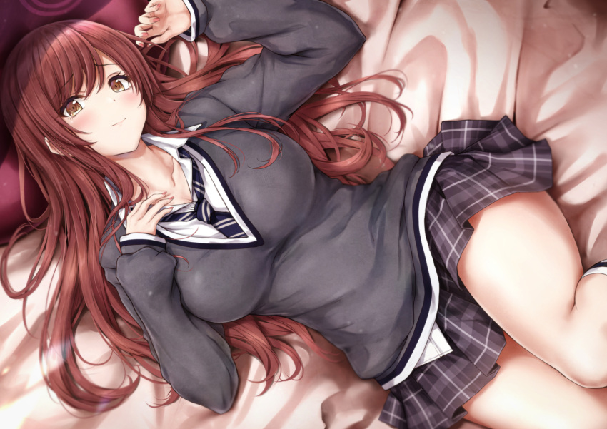 1girl bed_sheet black_skirt black_vest blush breasts brown_hair collarbone feet_out_of_frame hair_spread_out highres idolmaster idolmaster_shiny_colors large_breasts light_smile long_sleeves looking_at_viewer loose_necktie lying miniskirt necktie on_back open_collar osaki_amana plaid plaid_skirt pleated_skirt school_uniform shirt skirt solo suien sweater_vest vest white_shirt