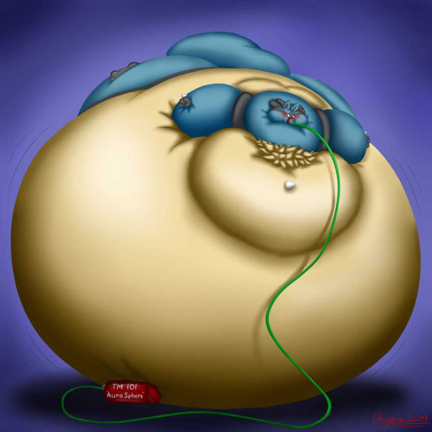 belly belly_inflation big_belly blue_body blue_fur blush body_inflation forced fur generation_4_pokemon helium helium_inflation helium_tank hi_res hose_in_mouth hose_inflation hyper hyper_belly immobile inflation inflation_fetish lucario nintendo oregene pokemon pokemon_(species) puffed_cheeks simple_background solo tan_body tan_fur