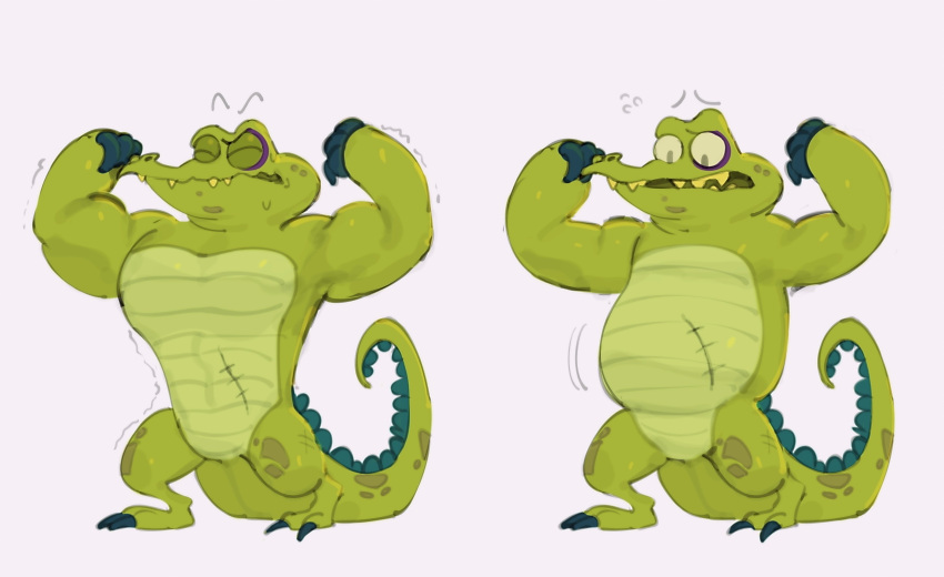 2023 abdominal_scar absurd_res alligator alligatorid anthro belly biceps biped bodily_fluids cranky_(where's_my_water?) crocodilian digital_media_(artwork) featureless_crotch flexing flying_sweatdrops green_body green_scales hi_res kogito male open_mouth overweight overweight_anthro overweight_male pose reptile scales scalie scar solo standing sweat sweatdrop tail teeth where's_my_water?