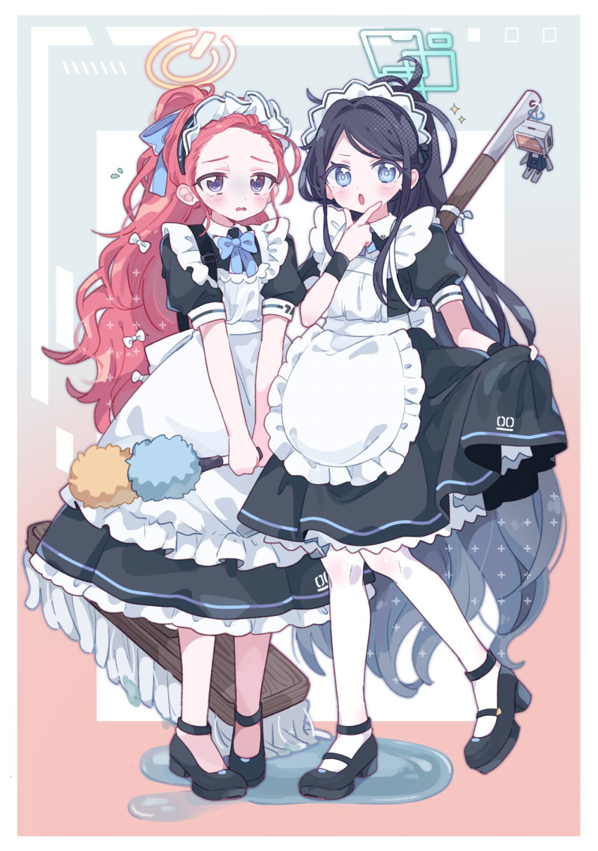 2girls aeruusa alternate_costume apron aris_(blue_archive) aris_(maid)_(blue_archive) black_dress black_footwear blue_archive blush borrowed_clothes bow bowtie dress duster emoji enmaided forehead frilled_apron frills full_body gradient_background hair_bow halo highres holding holding_duster looking_at_viewer maid maid_headdress mary_janes multiple_girls pantyhose petticoat pinafore_dress ponytail puffy_short_sleeves puffy_sleeves shoes short_sleeves skirt_hold sleeveless sleeveless_dress thinking_emoji white_pantyhose yuzu_(blue_archive) yuzu_(maid)_(blue_archive)