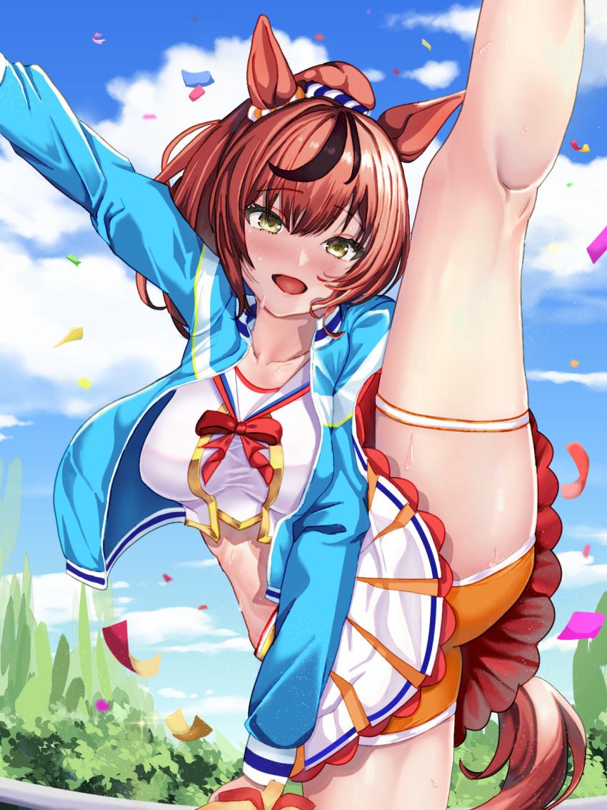 1girl animal_ears arm_up blue_jacket blue_sky blush breasts brown_eyes cloud cloudy_sky commentary confetti cropped_jacket cropped_shirt highres horse_ears horse_girl horse_tail jacket kneepits long_sleeves looking_at_viewer medium_breasts medium_hair mushi3104 nice_nature_(run&amp;win)_(umamusume) nice_nature_(umamusume) official_alternate_costume official_alternate_hairstyle open_clothes open_jacket open_mouth orange_shorts outdoors ponytail shirt short_shorts shorts skirt sky sleeveless sleeveless_shirt smile solo split standing standing_on_one_leg standing_split tail thigh_strap umamusume white_shirt white_skirt
