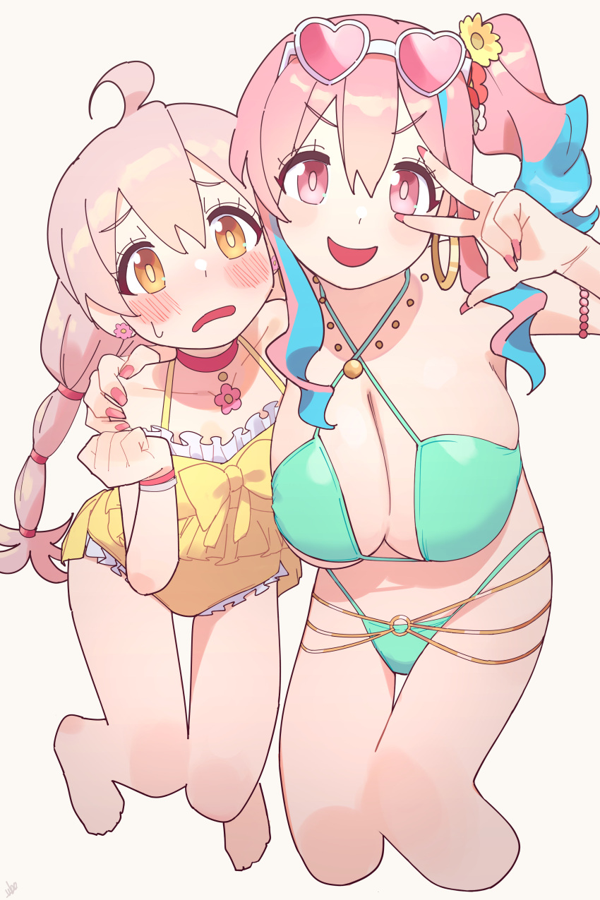 2girls absurdres ahoge bikini blue_hair blush breasts choker cleavage cowboy_shot curly_hair earrings embarrassed eyewear_on_head flower flower_choker flower_earrings frilled_one-piece_swimsuit frills hair_flower hair_ornament heart heart-shaped_eyewear highres hoop_earrings hozuki_kaede hug jewelry large_breasts long_hair looking_at_viewer multicolored_hair multiple_girls necklace one-piece_swimsuit onii-chan_wa_oshimai! oyama_mahiro pink_eyes pink_hair side_ponytail small_breasts smile sunglasses swimsuit twintails ubo_(ubo_tales) yellow_eyes