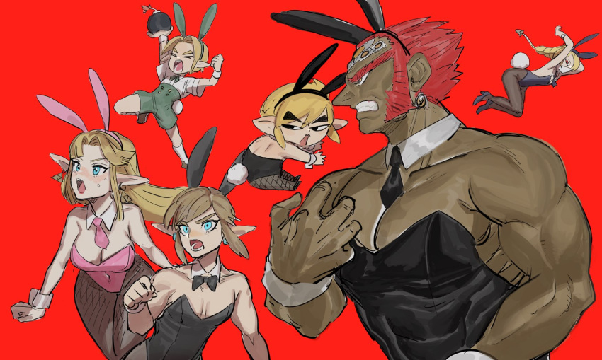 2girls 4boys angry animal_ears black_leotard blonde_hair blue_eyes blue_leotard blush bomb bow bowtie braid breasts brown_footwear closed_eyes covered_navel dark_skin detached_collar earrings explosive fake_animal_ears fake_tail fishnet_pantyhose fishnets ganondorf gerudo green_pants high_heels highleg highres jewelry jumping leotard link long_hair male_playboy_bunny mask multiple_boys multiple_girls muscular open_mouth oshirimarsh pants pantyhose pink_leotard playboy_bunny pointy_ears princess_zelda rabbit_ears rabbit_tail red_background red_eyes red_hair sheik shirt shoes short_hair socks strapless strapless_leotard super_smash_bros. sweatdrop tail the_legend_of_zelda the_legend_of_zelda:_a_link_between_worlds the_legend_of_zelda:_breath_of_the_wild the_legend_of_zelda:_ocarina_of_time the_legend_of_zelda:_the_wind_waker toon_link traditional_bowtie triforce white_shirt white_socks wide-eyed wrist_cuffs yellow_eyes young_link