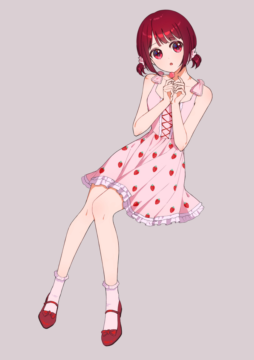 absurdres arima_kana bob_cut dress full_body grey_background highres looking_at_viewer open_mouth oshi_no_ko pink_dress red_eyes red_footwear red_hair short_hair simple_background sitting socks solo white_socks xiang_yu_pai