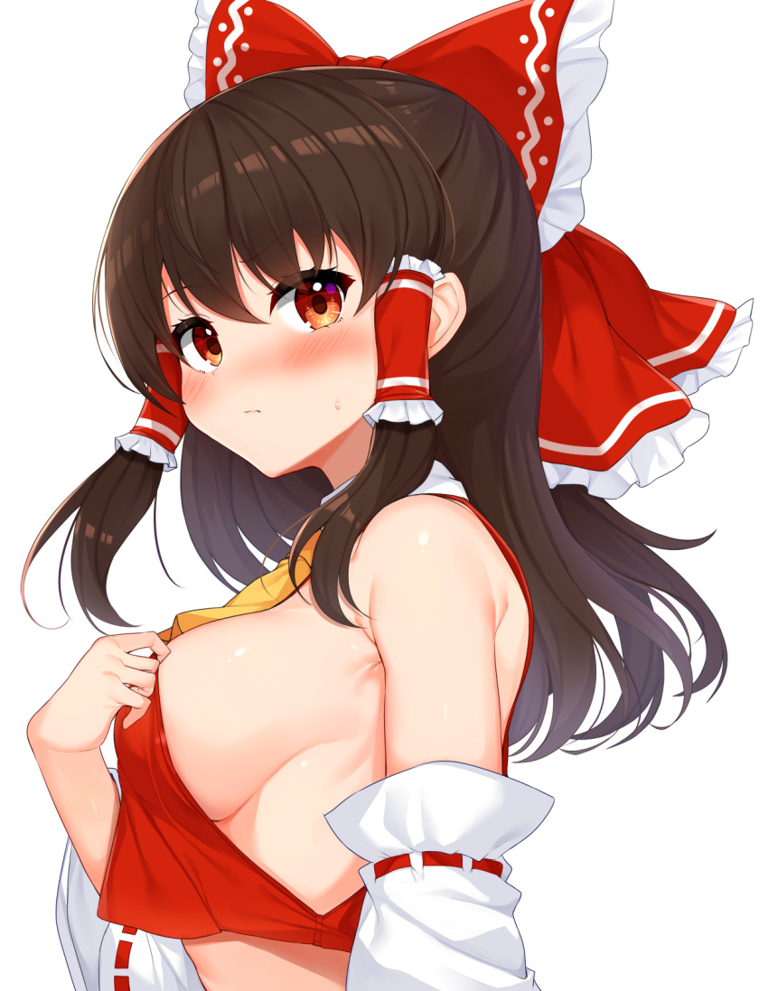 1girl bare_shoulders blush bow breasts brown_hair clothes_pull commentary_request crop_top daichi_(tokoya) detached_sleeves embarrassed from_side frown hair_bow hair_tubes hakurei_reimu hand_up highres long_hair looking_at_viewer medium_breasts midriff no_bra nontraditional_miko orange_eyes pulled_by_self red_bow red_shirt shirt shirt_aside shirt_pull sideboob sideless_outfit solo teasing touhou