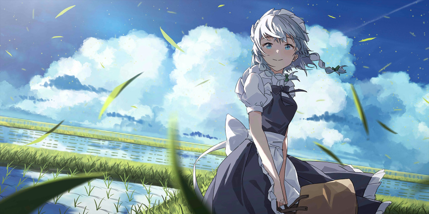 1girl agas_(vpwt7475) apron back_bow bag blue_eyes blush bow bowtie braid brown_bag closed_mouth cloud cowboy_shot day dress floating_hair green_bow grey_bow grey_bowtie grey_dress grey_hair hair_bow highres holding holding_bag izayoi_sakuya looking_at_viewer maid_headdress medium_hair non-web_source official_art outdoors own_hands_together puffy_short_sleeves puffy_sleeves rice_paddy second-party_source shirt short_sleeves sky sleeve_cuffs smile solo touhou touhou_lost_word twin_braids v_arms waist_apron water white_apron white_bow white_shirt