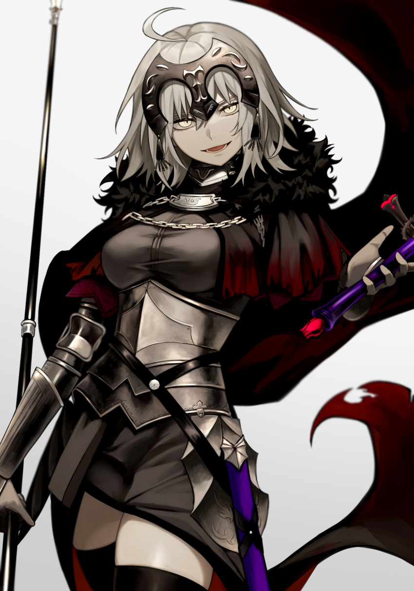 1girl ahoge armor armored_dress black_cape black_dress black_thighhighs cape chain commentary_request dress fate/grand_order fate_(series) gauntlets grey_hair headpiece highres holding holding_polearm holding_sword holding_weapon jeanne_d'arc_alter_(avenger)_(fate) jeanne_d'arc_alter_(fate) looking_at_viewer open_mouth pale_skin plackart polearm sheath short_hair simple_background solo sumi_(gfgf_045) sword thighhighs torn_cape torn_clothes weapon white_background yellow_eyes