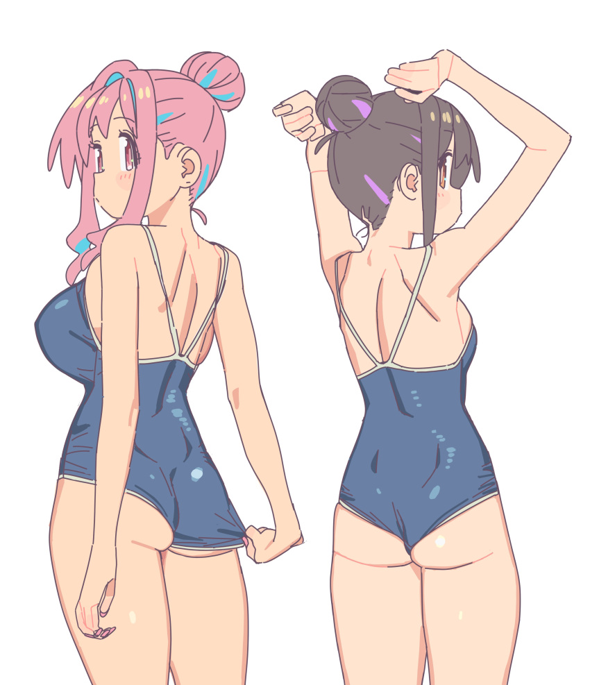 2girls absurdres arms_up ass blue_one-piece_swimsuit breasts brown_hair clothes_pull cowboy_shot hair_bun highres hozuki_kaede imamura_ryou looking_at_viewer looking_back medium_breasts multicolored_hair multiple_girls one-piece_swimsuit onii-chan_wa_oshimai! oyama_mihari pink_hair short_hair sidelocks simple_background small_breasts standing streaked_hair swimsuit white_background