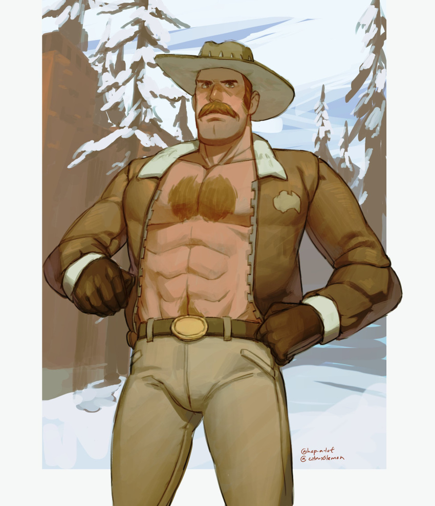 1boy abs bara bare_pectorals belt belt_buckle brown_belt brown_gloves brown_headwear brown_jacket brown_pants buckle chest_hair citrus0lemon cowboy_shot facial_hair gloves hat highres jacket large_pectorals male_focus mature_male mountain muscular muscular_male mustache navel_hair open_clothes open_jacket pants pectorals pine_tree saxton_hale sideburns snow snow_on_tree solo team_fortress_2 thick_mustache tree winter