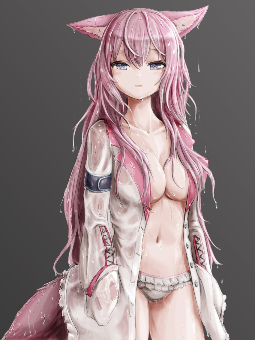 1girl animal_ear_fluff animal_ears bikini fox_ears fox_girl fox_tail frilled_bikini frills hakui_koyori highres hololive lab_coat looking_at_viewer navel nymph_rhythm open_mouth pink_hair purple_eyes sleeves_past_fingers sleeves_past_wrists solo standing swimsuit tail wet wet_clothes white_bikini