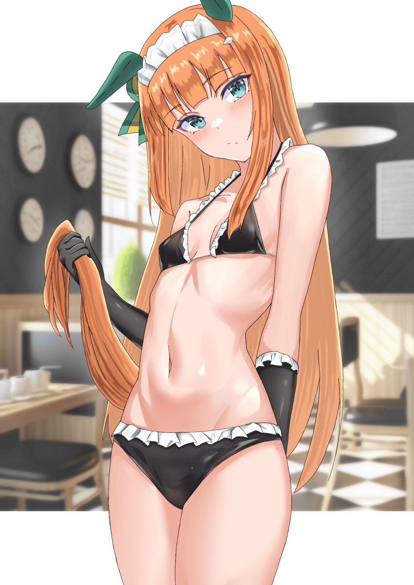 1girl alumina_(kennmeidesu) animal_ears aqua_eyes arm_behind_leg bare_shoulders bikini black_bikini black_gloves black_panties blue_eyes blunt_bangs blurry blurry_background blush breasts closed_mouth ear_covers elbow_gloves feet_out_of_frame gloves groin head_tilt highres hime_cut holding_own_tail horse_ears horse_girl horse_tail long_hair looking_at_viewer maid_headdress midriff navel orange_hair panties sidelocks silence_suzuka_(umamusume) small_breasts standing swimsuit tail umamusume underwear upper_body