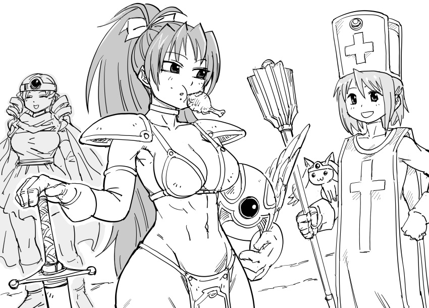 abs absurdres alternate_breast_size armor bb_(baalbuddy) bikini_armor bodystocking breasts cape choker closed_eyes commission cosplay dragon_quest dragon_quest_iii dress drill_hair food food_in_mouth food_on_face greyscale groin hat headwear_removed helmet helmet_removed high_ponytail highres holding holding_mace holding_weapon jewelry kyubey linea_alba loincloth long_hair looking_at_another looking_at_viewer mace mahou_shoujo_madoka_magica mahou_shoujo_madoka_magica_(anime) meat medium_breasts medium_hair miki_sayaka monochrome mouth_hold open_mouth priest_(dq3) priest_(dq3)_(cosplay) sage_(dq3) sage_(dq3)_(cosplay) sakura_kyouko smile soldier_(dq3) soldier_(dq3)_(cosplay) stomach sword tabard tomoe_mami toned turtleneck turtleneck_bodysuit twin_drills very_long_hair weapon