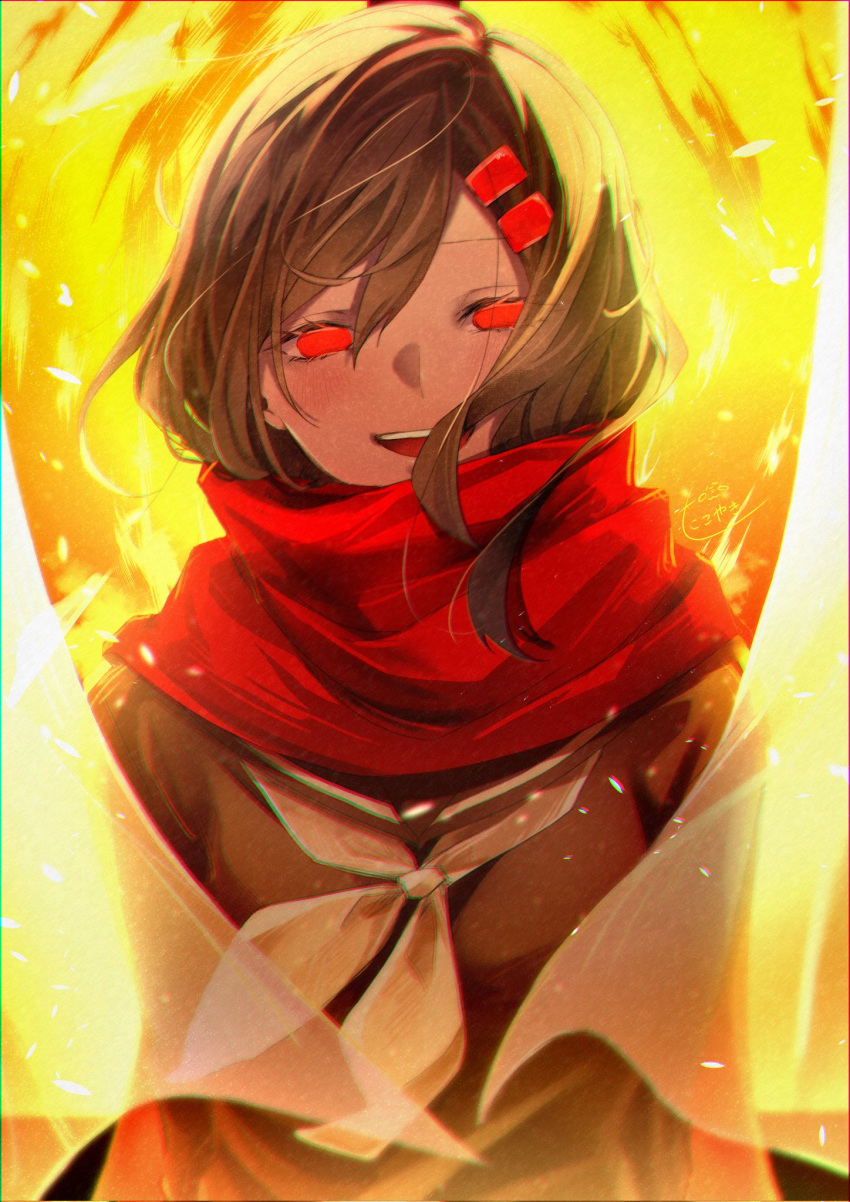 1girl backlighting black_sailor_collar black_serafuku bloom curtains embers floating_hair glowing glowing_eyes hair_ornament hairclip half-closed_eyes highres kagerou_project light_particles long_hair long_sleeves looking_at_viewer loss_time_memory_(vocaloid) neckerchief open_mouth red_eyes red_scarf sailor_collar scarf school_uniform serafuku smile solo takoyamiki tateyama_ayano upper_body white_neckerchief wind window yellow_theme