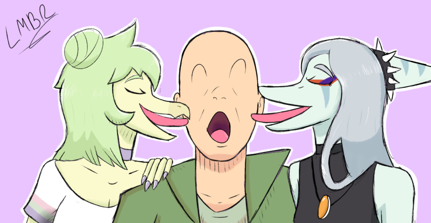 anon_(snoot_game) anthro bald blue_body bone_frill breasts choker clothed clothing colored dinosaur eyes_closed face_lick faceless_character faceless_human faceless_male fang_(gvh) female female_anthro frill_(anatomy) goodbye_volcano_high green_body green_hair group hair hair_bun hand_on_shoulder human human_on_anthro interspecies jewelry licking lmbr makeup male male/female mammal necklace open_mouth ornithischian pendant pterodactylus pterosaur reptile scalie silver_hair simple_background sleeveless_shirt snoot_game snout stegosaurian stegosaurus stella_(snoot_game) thyreophoran tongue tongue_out trio
