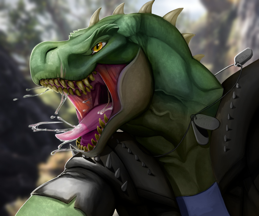 anthro avezola bodily_fluids dinosaur green_body hi_res male reptile rocco_(tallion) saliva scalie scar solo spikes spikes_(anatomy) spitting teeth theropod tongue tyrannosaurid tyrannosaurus tyrannosaurus_rex