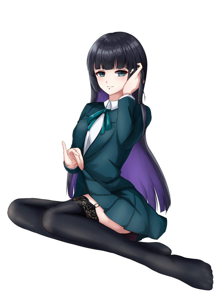 1girl absurdres adjusting_hair black_hair black_thighhighs blazer blunt_bangs blunt_ends bocchi_the_rock! chin_piercing closed_mouth clothes_lift collared_shirt colored_inner_hair full_body garter_straps green_jacket green_ribbon grey_eyes gude_(ynze5527) highres hime_cut jacket lace-trimmed_legwear lace-trimmed_thighhighs lace_trim long_hair long_sleeves miniskirt multicolored_hair pa-san pleated_skirt purple_hair ribbon school_uniform shirt sideways_glance simple_background sitting skirt skirt_lift smile solo thighhighs very_long_hair white_background white_shirt yokozuwari zettai_ryouiki