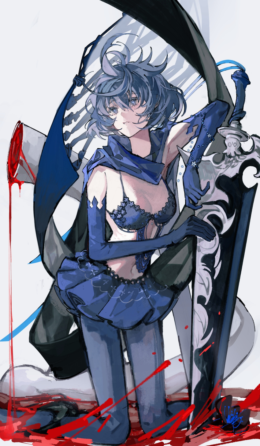 1girl 1mayusibayu arm_up blood blue_eyes blue_gloves blue_hair blue_leggings bra drag-on_dragoon drag-on_dragoon_3 floating_hair gloves highres kneeling leaning_on_object leggings planted planted_sword scarf short_hair skirt solo sword two_(drag-on_dragoon) underwear weapon
