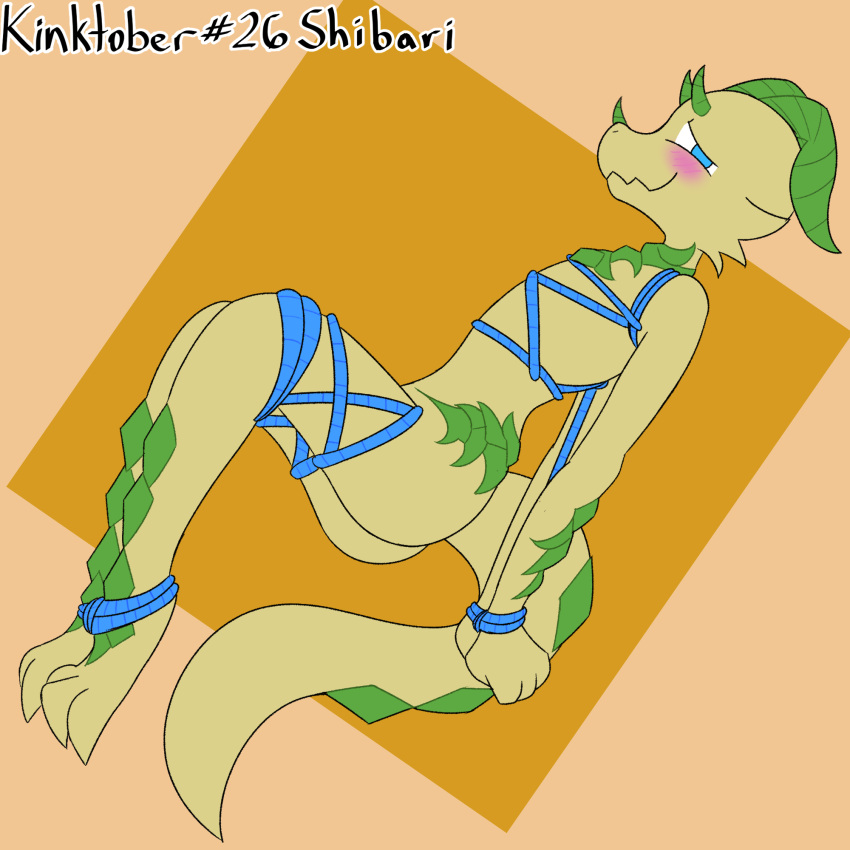 ambiguous_gender ankles_tied anthro bdsm bondage bound cybeeyoru green_body green_horn green_scales hi_res horn kinktober kobold restraints rope rope_bondage rope_harness scales solo wrists_tied yellow_body