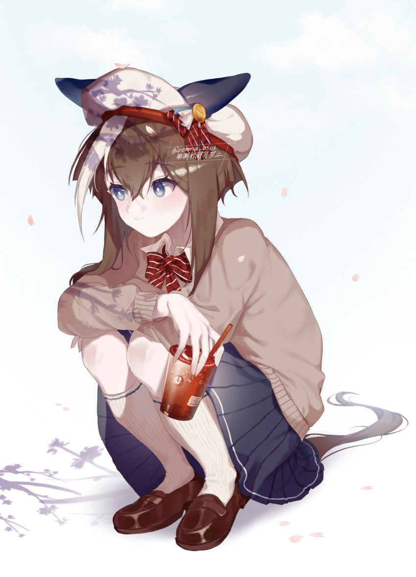 1girl alternate_costume animal_ears black_skirt blue_eyes bow bowtie bright_pupils brown_footwear brown_hair cardigan cheval_grand_(umamusume) closed_mouth collared_shirt cup disposable_cup drinking_straw full_body hat highres holding holding_cup horse_ears horse_girl horse_tail kneehighs loafers long_hair looking_to_the_side multicolored_hair petals renma_(renma_0503) shirt shoes skirt socks solo squatting streaked_hair tail twitter_username umamusume watermark white_headwear white_pupils white_shirt white_socks