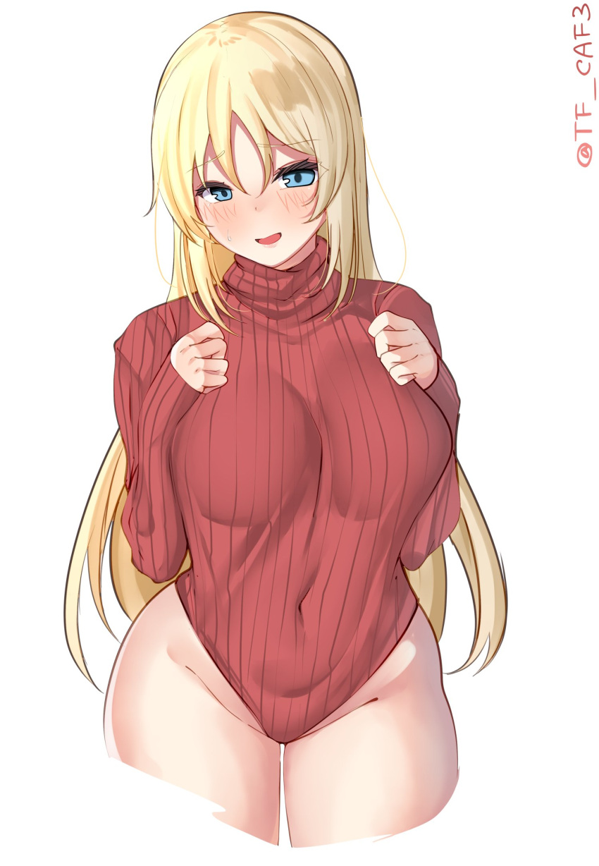 1girl alternate_costume bismarck_(kancolle) blonde_hair blue_eyes blush commentary_request covered_navel cropped_legs groin hair_between_eyes heattech_leotard highres kantai_collection leotard long_hair looking_at_viewer one-hour_drawing_challenge open_mouth red_leotard ribbed_leotard smile solo sweatdrop sweater tf_cafe turtleneck turtleneck_leotard twitter_username white_background
